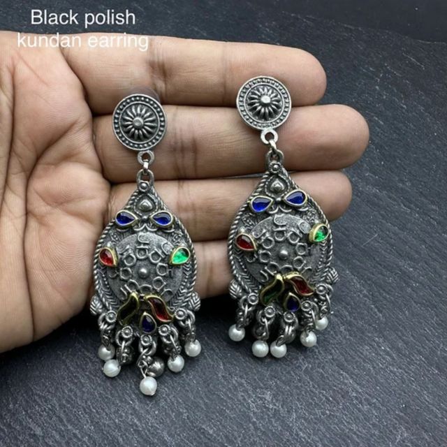 Black Polish Kundan Earring with Multicolor stone