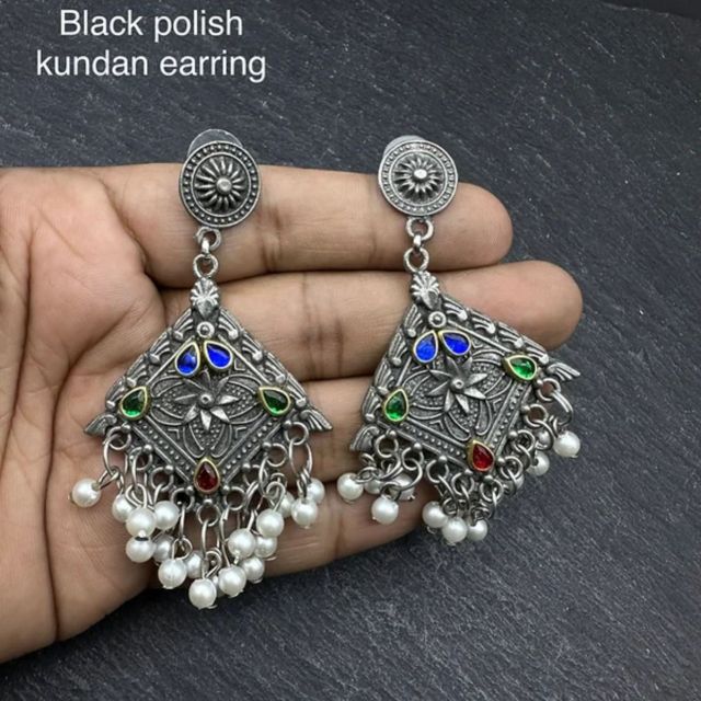 Black Polish Kundan Earring with white stone and Pearl bead