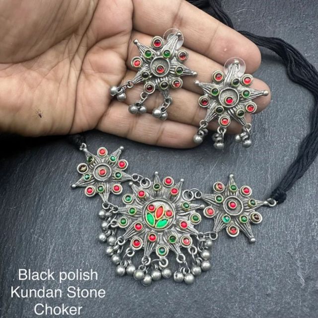 Black Polish Kundan Red and Green Stone Choker