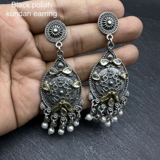 Black Polish Kundan Earring with white stone
