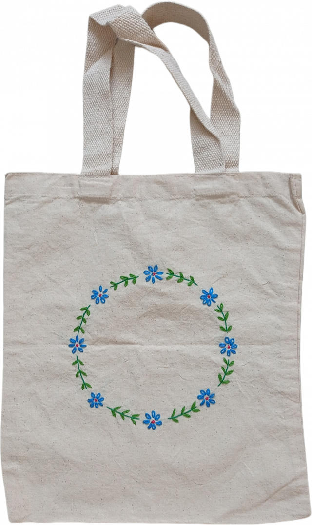 Hand embroidered Canvas Tote Bag with green and pink pattern | Handbag for women (37 CM X 32 CM)
