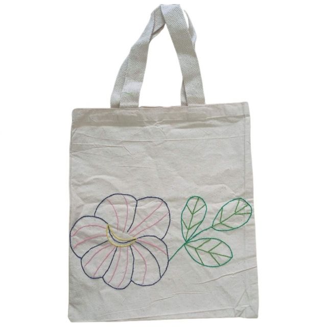 Hand embroidered Canvas Tote Bag with Big Flower and Leaf pattern | Handbag for women (37 CM X 32 CM)