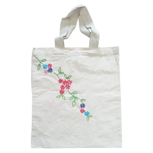 Hand embroidered Canvas Tote Bag with Multicolor Floral Branch pattern | Handbag for women (37 CM X 32 CM)