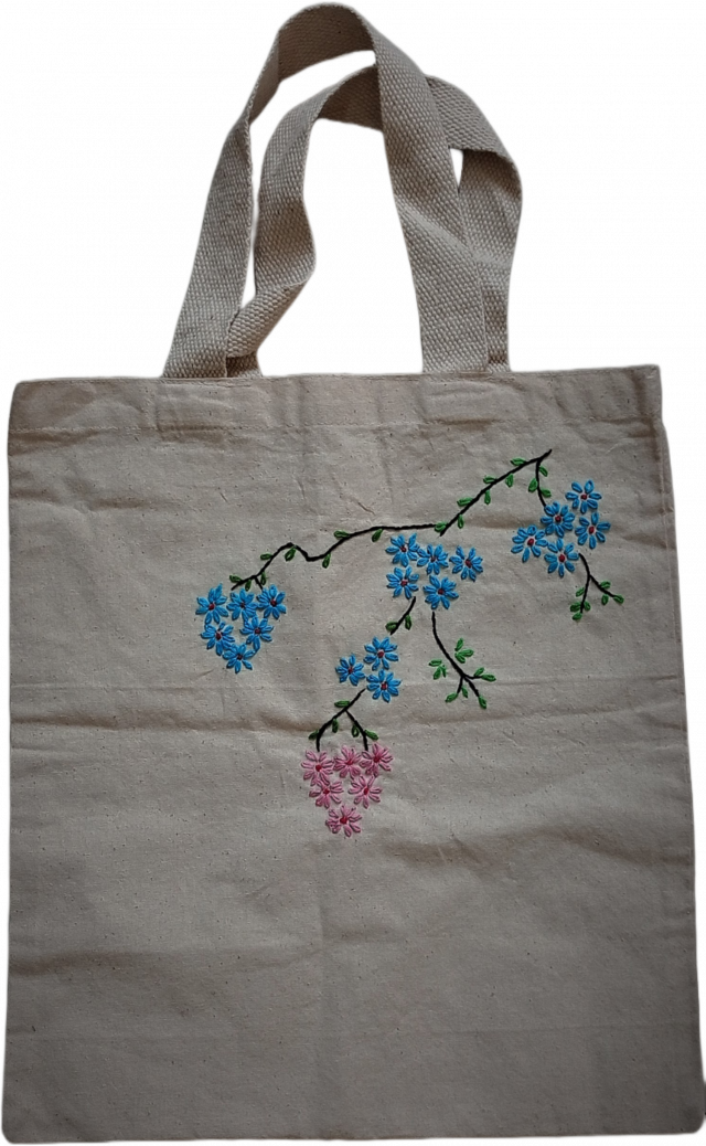 Hand embroidered Canvas Tote Bag with green, blue, and pink pattern | Handbag for women (37 CM X 32 CM)