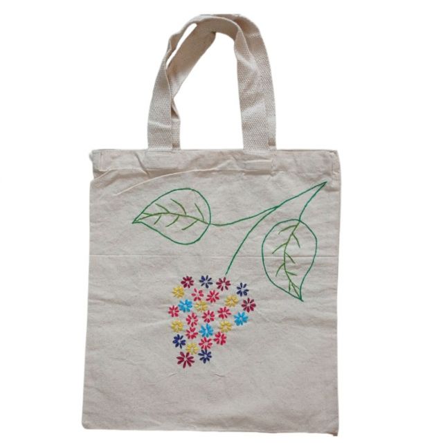 Hand embroidered Canvas Tote Bag with Big leaves and Multicolor Flower pattern | Handbag for women (37 CM X 32 CM)