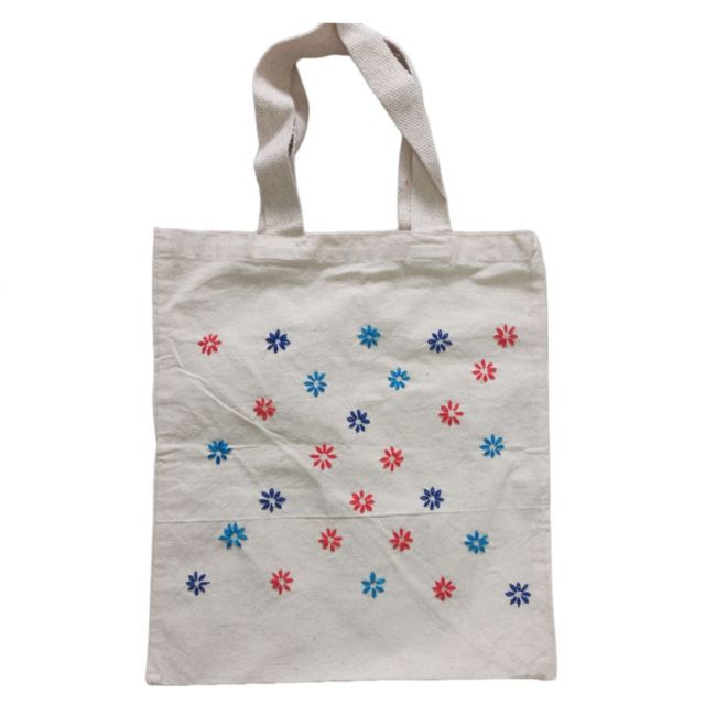 Hand embroidered Canvas Tote Bag with Multicolor Small Flower pattern | Handbag for women (37 CM X 32 CM)