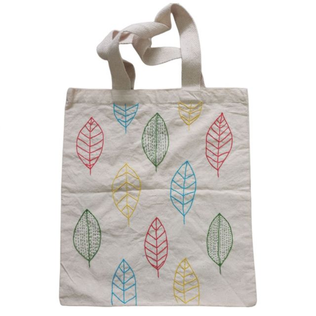 Hand embroidered Canvas Tote Bag with Multicolor leaf pattern | Handbag for women (37 CM X 32 CM)