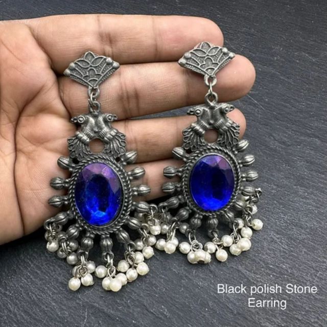 Black polish Stone Earrings blue