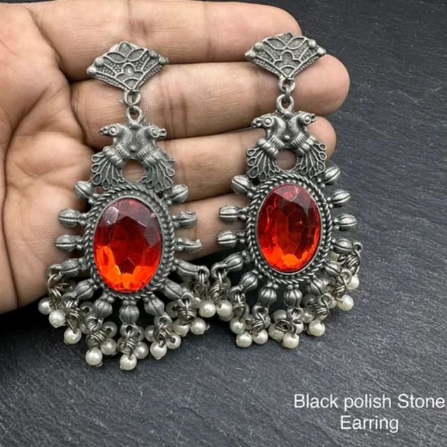 Black polish Stone Earrings red