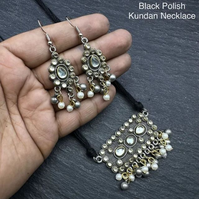 Black polish kundan Choker with golden work square shape