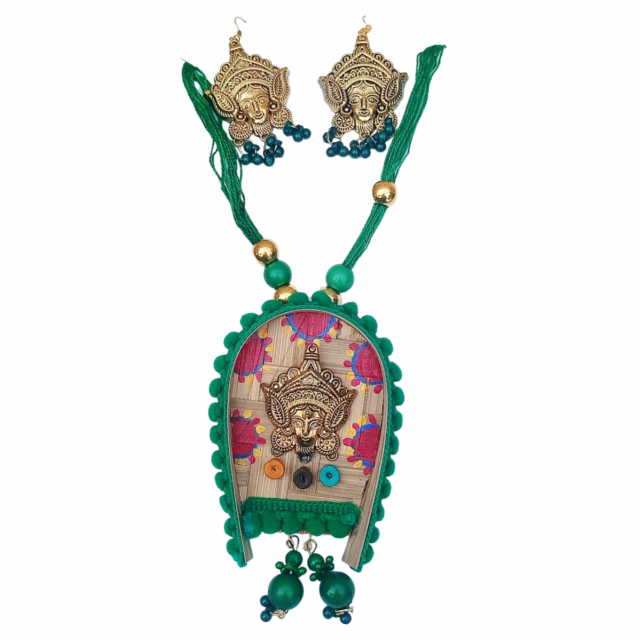 Handmade thread and beads necklace set DURGA MAA Green