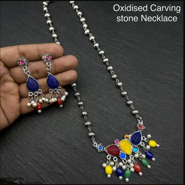 Oxidized Multicolor Carving Stone Necklace